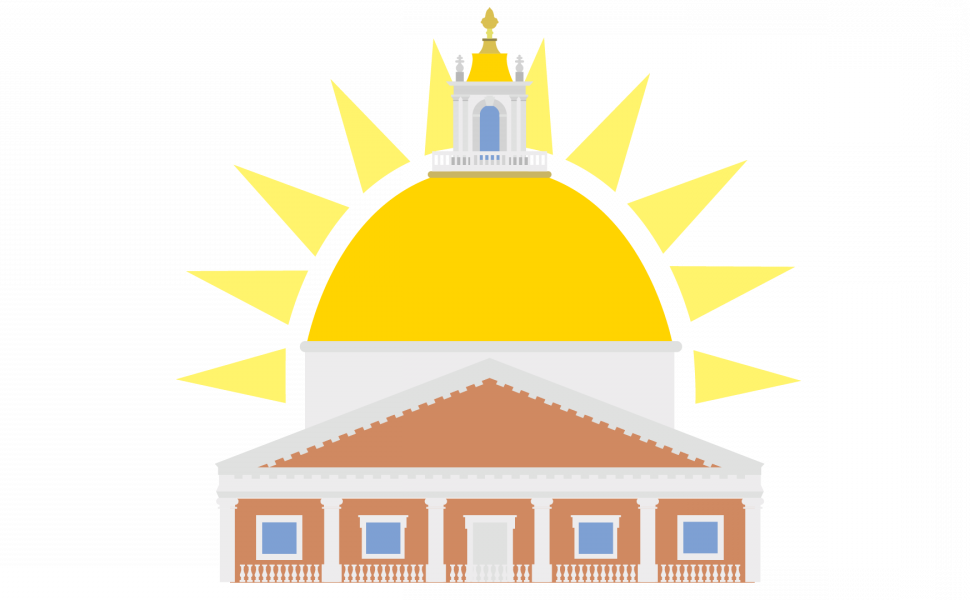 A stylized version of the 质量achusetts State House with rays of the sun behind the golden dome
